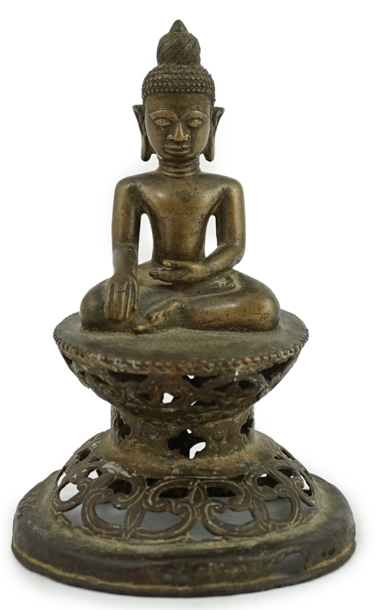 An unusual Burmese bronze seated figure of Buddha, 17th/18th century